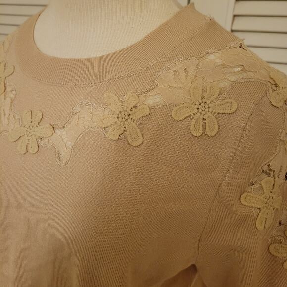 Indigo Rose Floral Lace Trim Pullover Short Sleeve Sweater Beige Womens Size L - Picture 3 of 9
